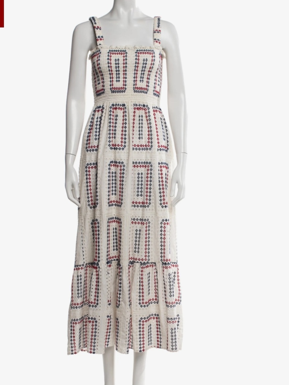 Hill House Home Nap Dress Maxi White Red Blue Geometric Smocked Embroidered